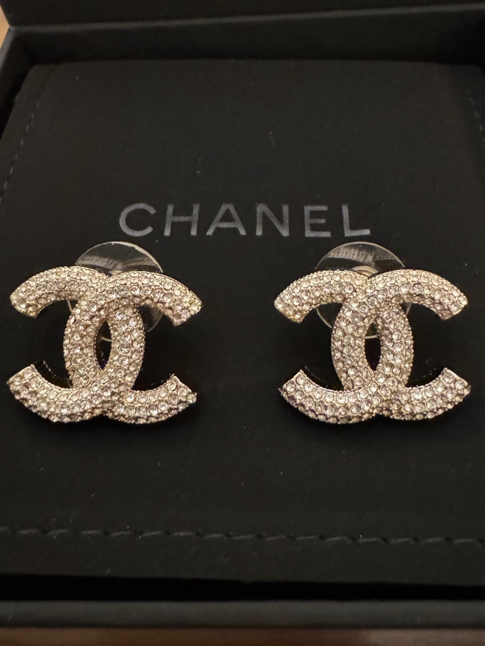 Super Rare Classic New Chanel CC Logo Crystal Embellished Gold Stud Earrings